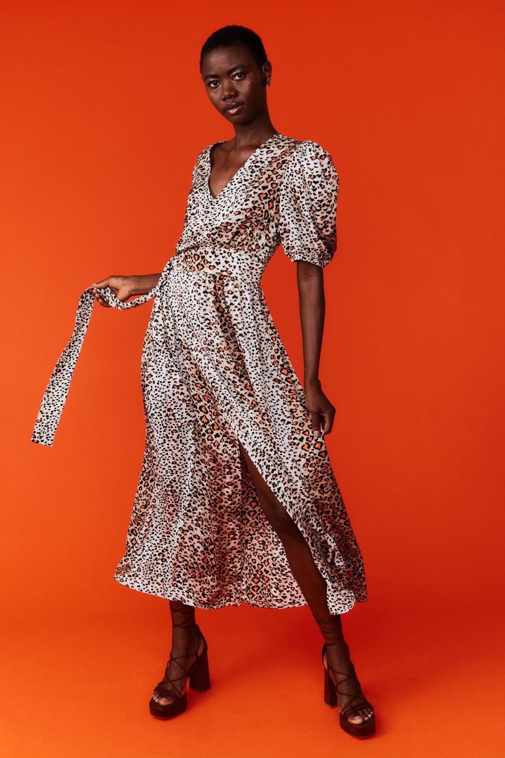 Silk Blend Leopard Animal Print Maxi Wrap Dress