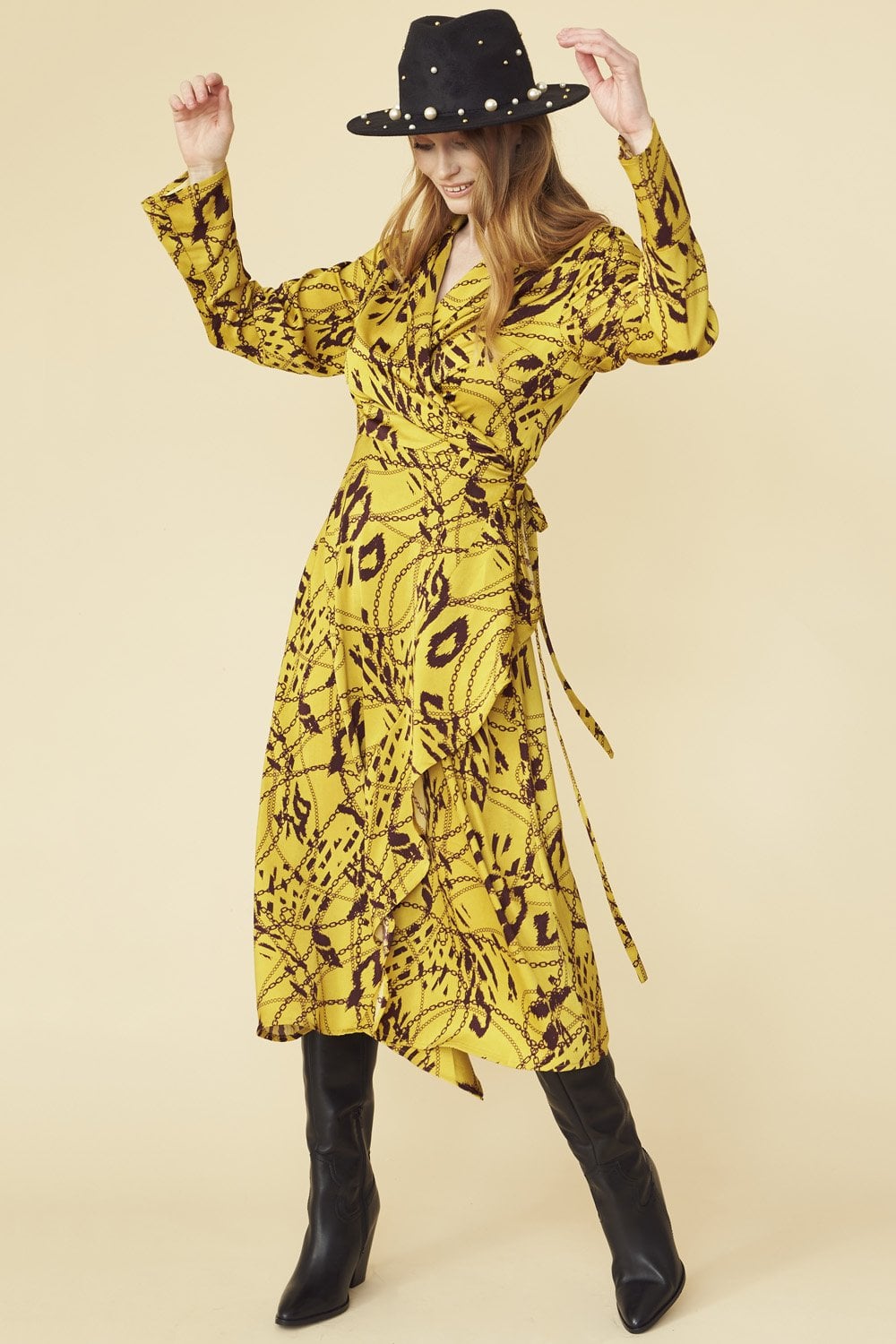 Mustard Lucky Chain Print Wrap Dress
