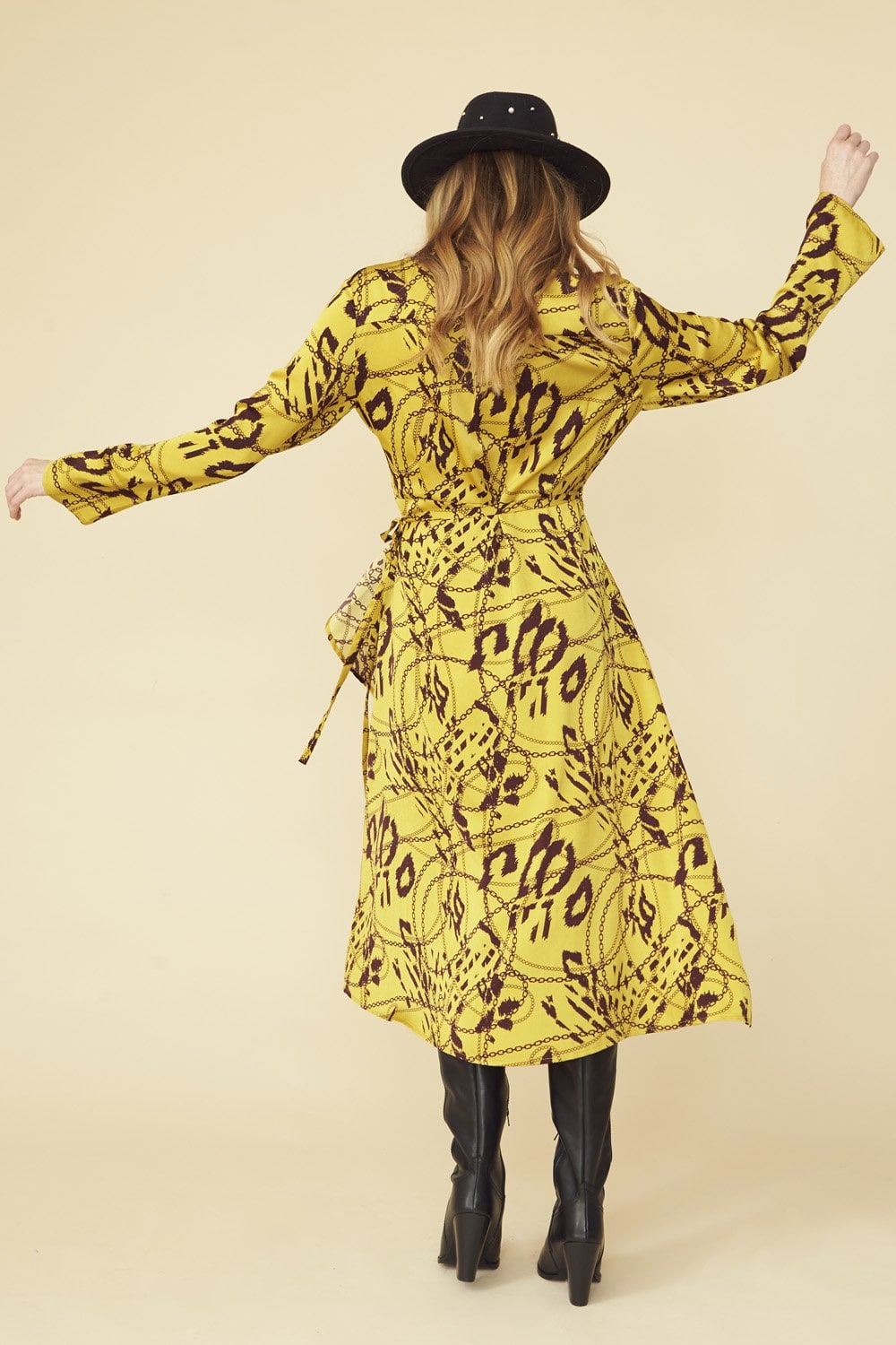 Mustard Lucky Chain Print Wrap Dress