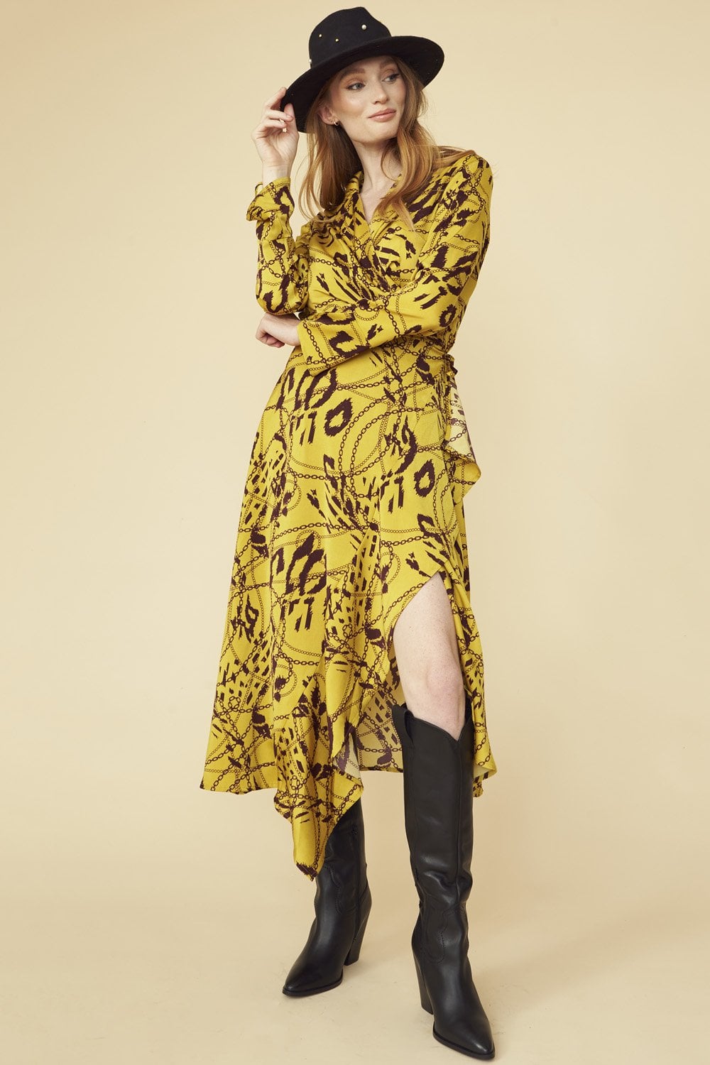 Mustard Lucky Chain Print Wrap Dress