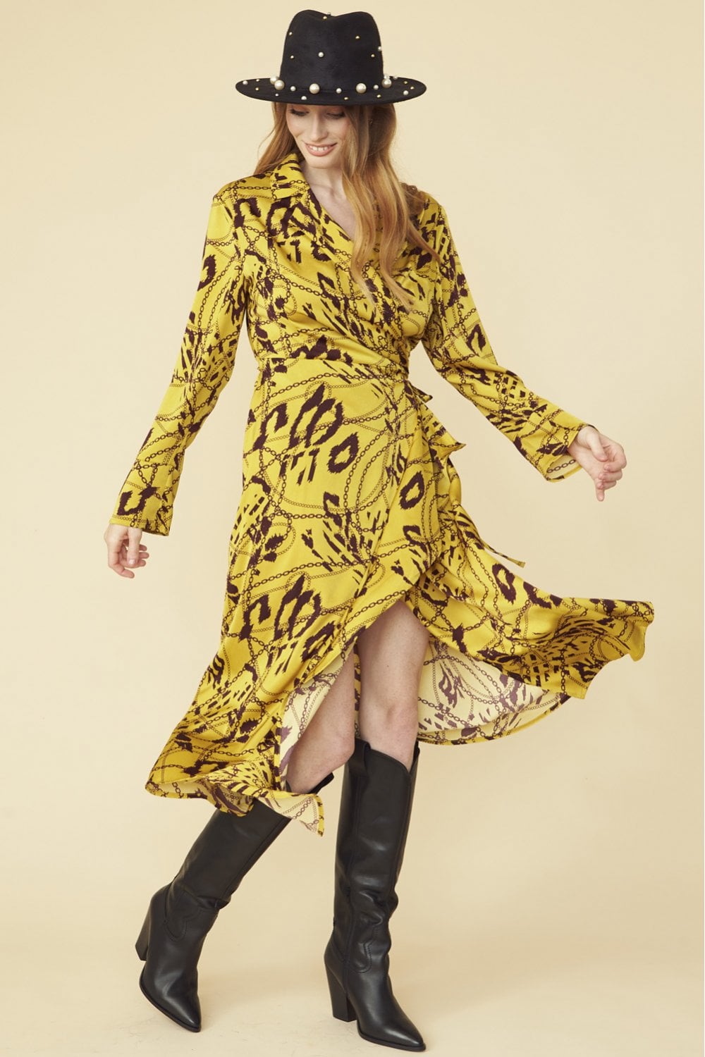 Mustard Lucky Chain Print Wrap Dress