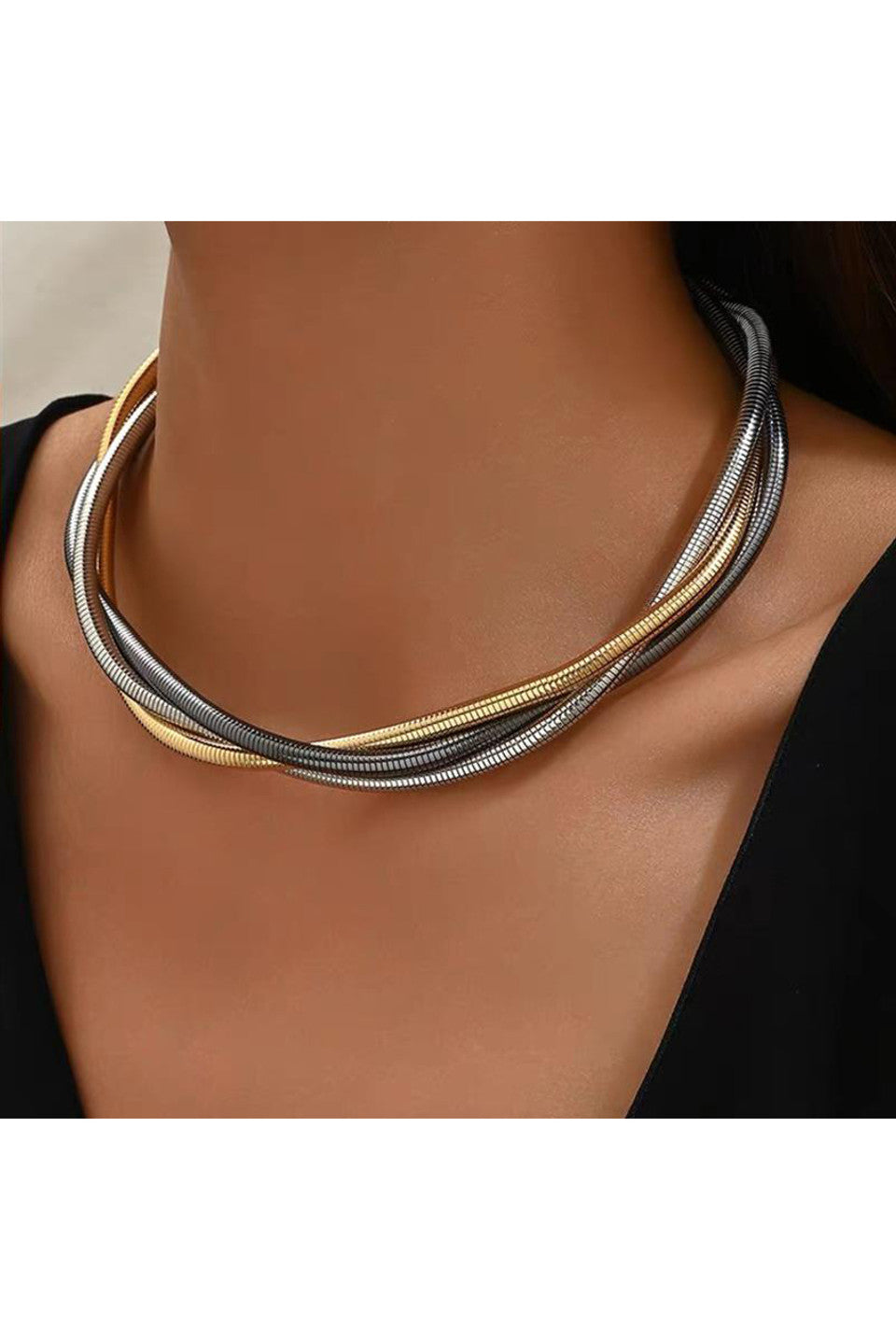 Twisted Layered Mixed Metal Choker Necklace