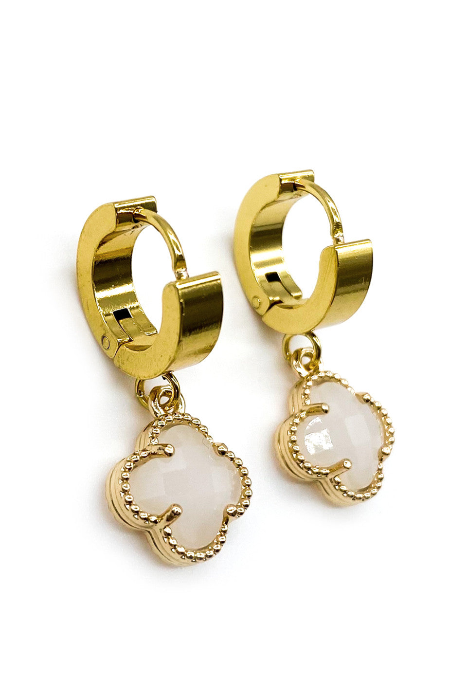 Gold Moonstone Clover Huggie Hoop Earrings
