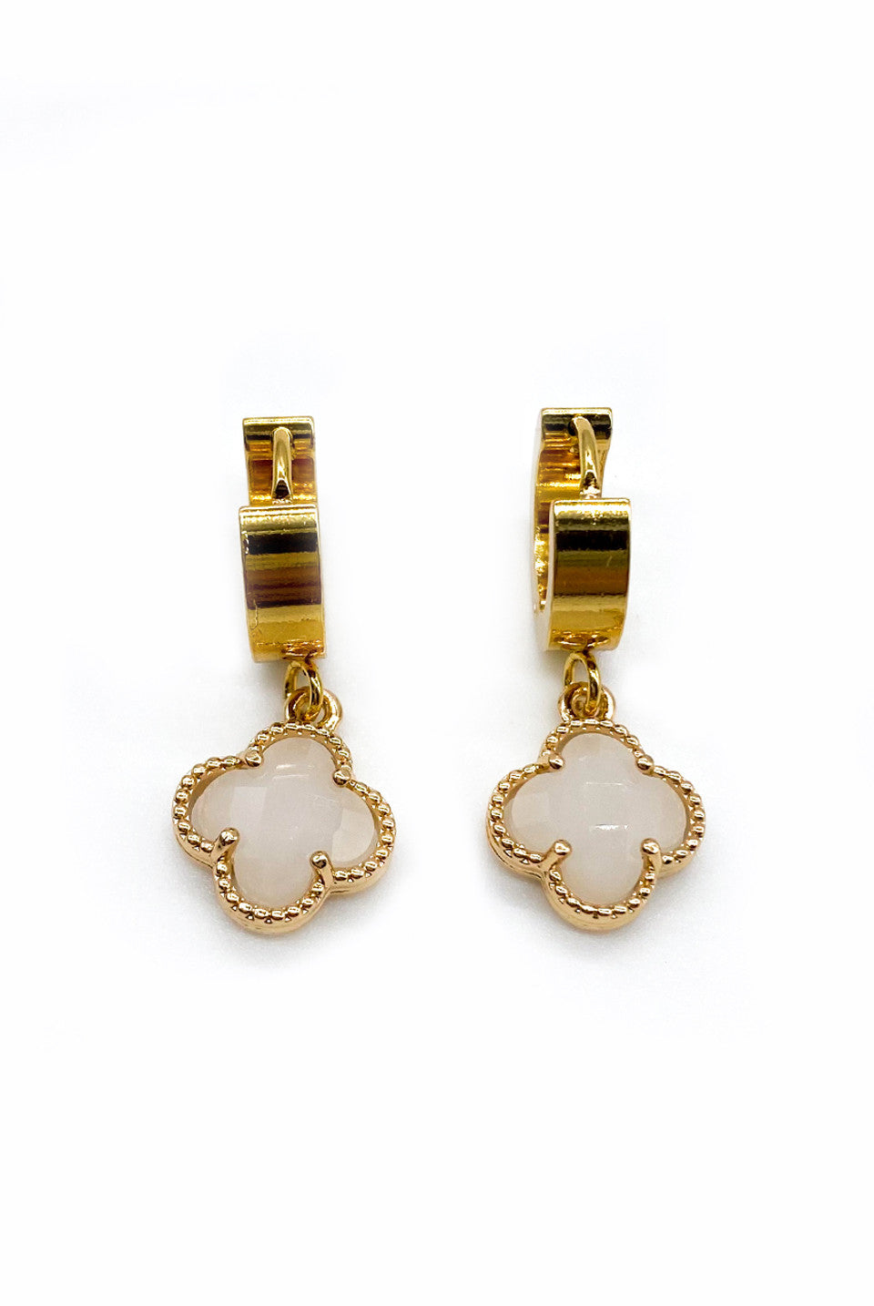 Gold Moonstone Clover Huggie Hoop Earrings