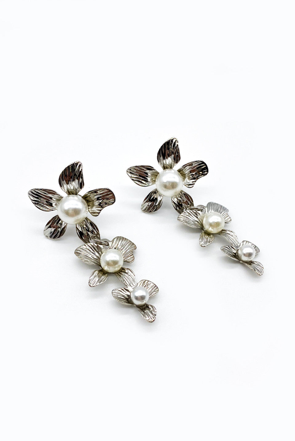 Silver Pearl Flower Drop Earrings