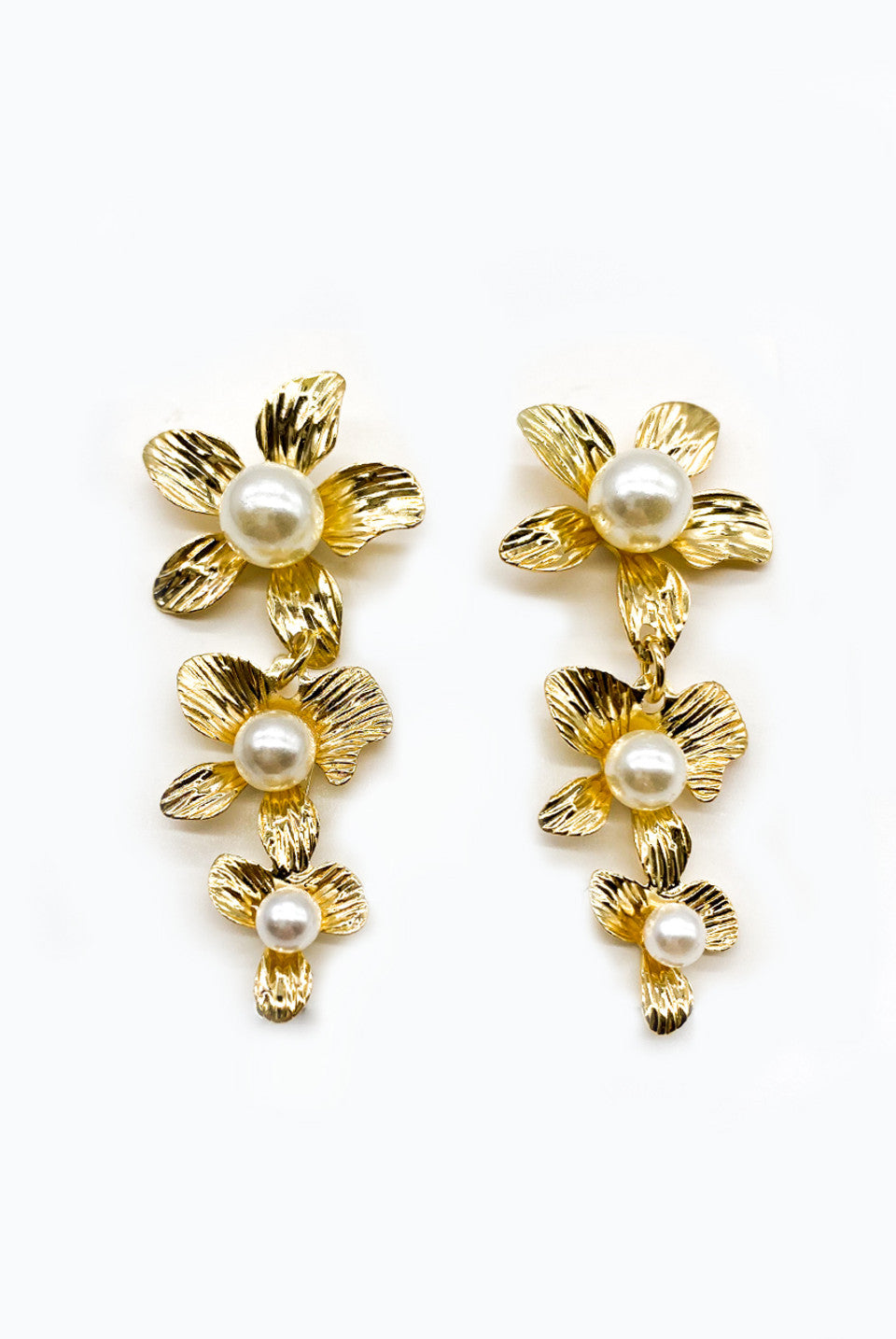 Gold Pearl Flower Drop Earrings