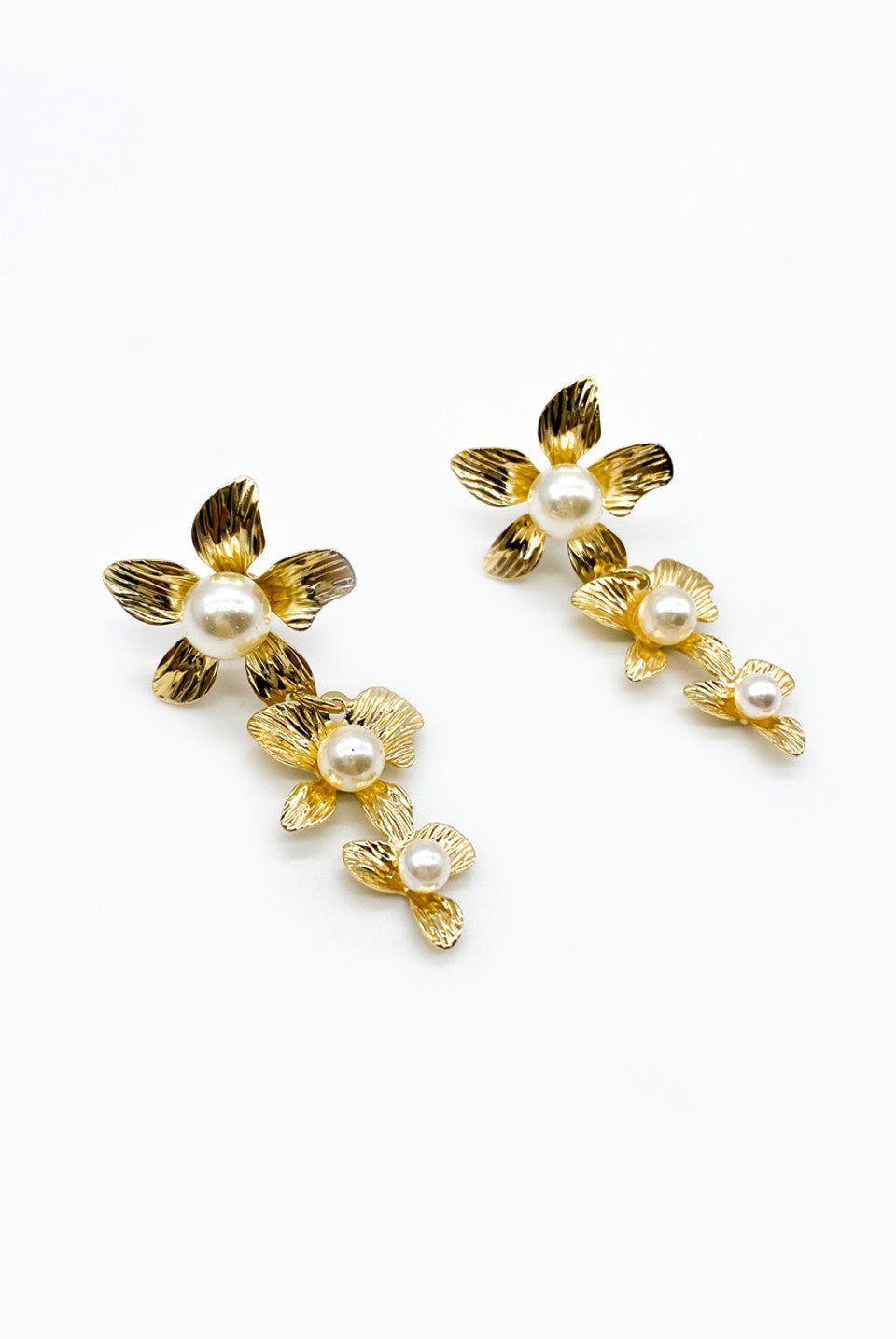 Gold Pearl Flower Drop Earrings