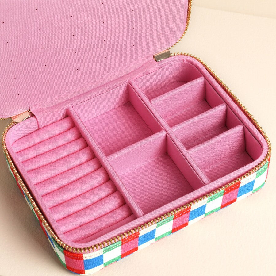 Multi Bright Checkerboard Linen Travel Jewellery Case