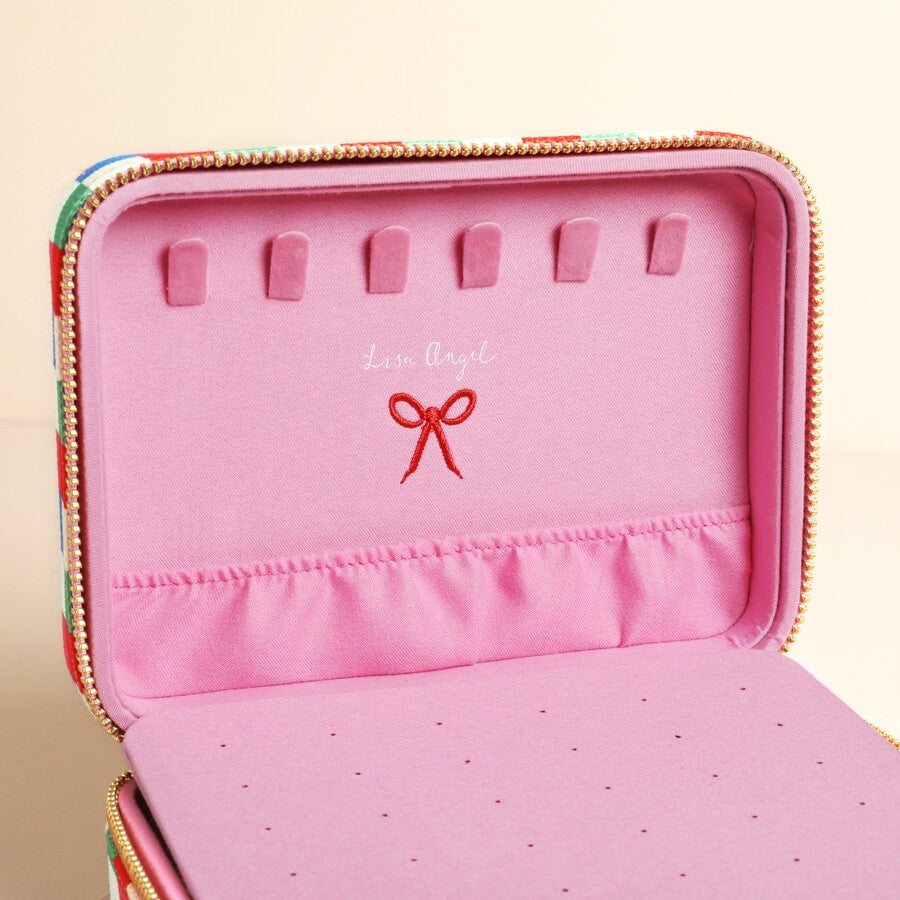 Multi Bright Checkerboard Linen Travel Jewellery Case