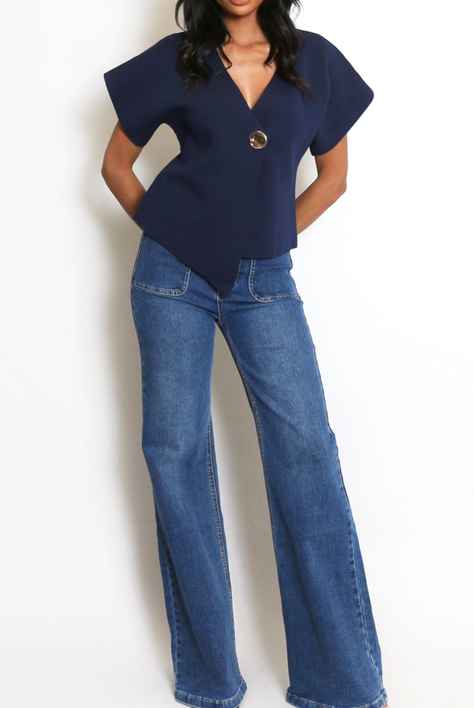 Navy Fine Knit Asymmetric Cardigan Top