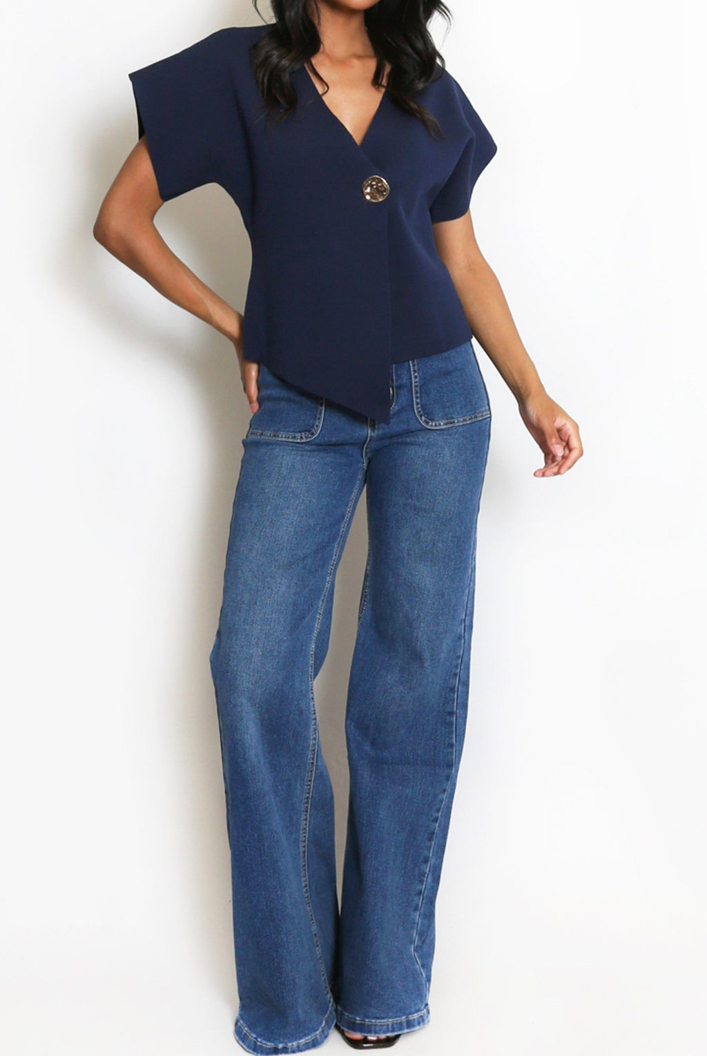 Navy Fine Knit Asymmetric Cardigan Top