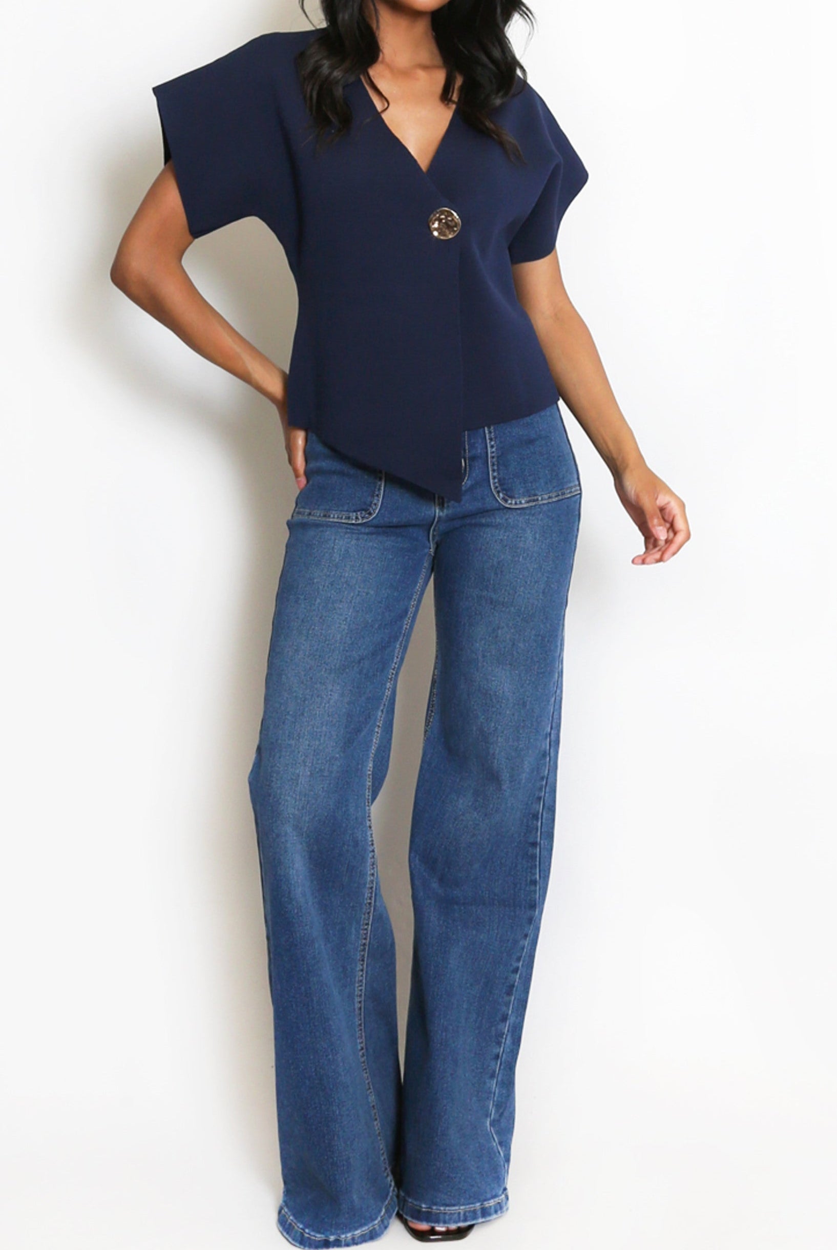 Navy Fine Knit Asymmetric Cardigan Top