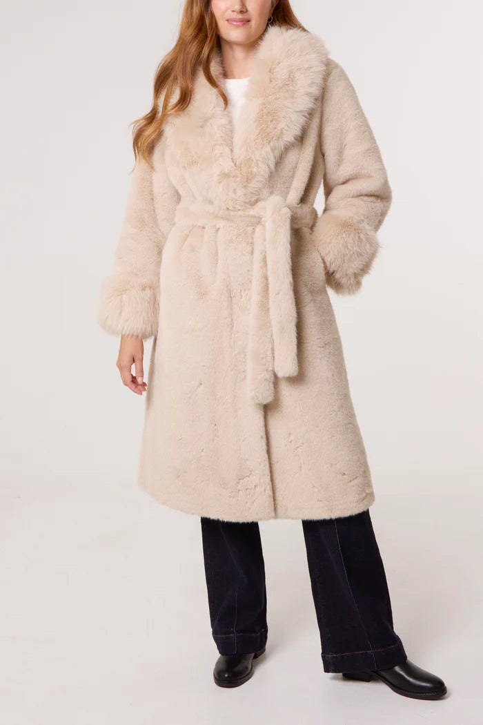 Stone Plush Faux Fur Belted Coat