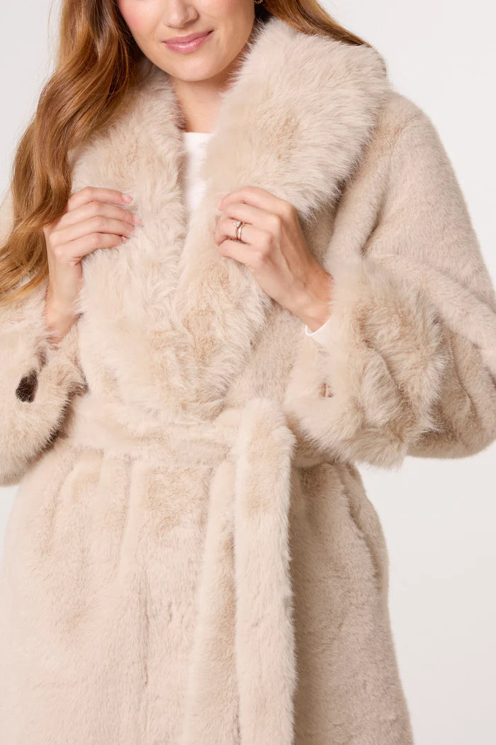 Stone Plush Faux Fur Belted Coat