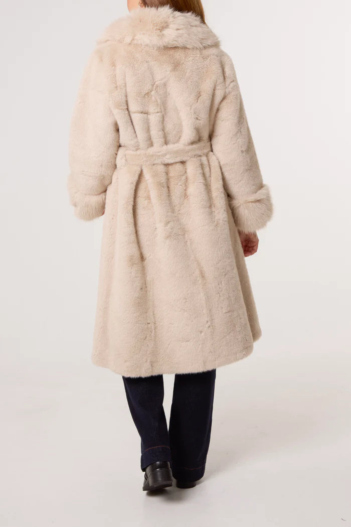 Stone Plush Faux Fur Belted Coat