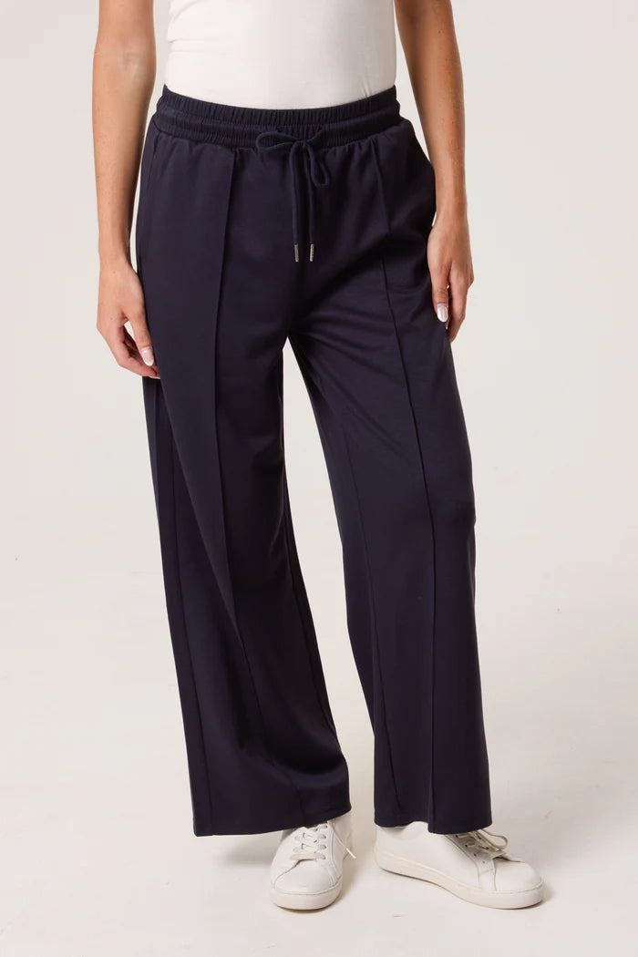 Navy Pintuck Wide Leg Jogger Trousers
