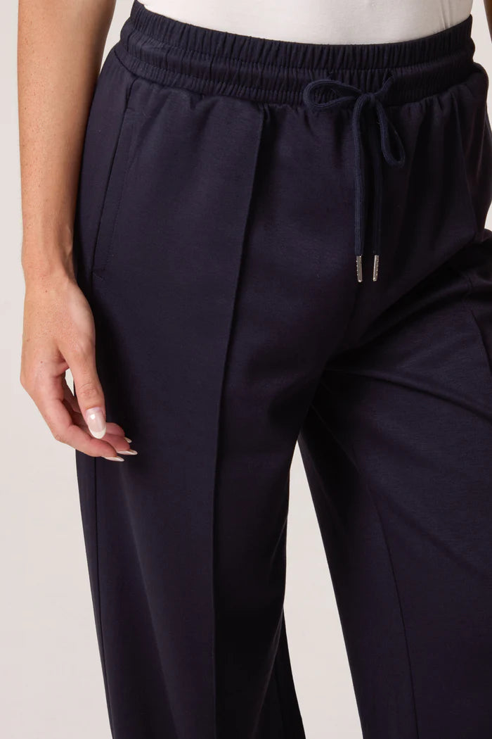 Navy Pintuck Wide Leg Jogger Trousers