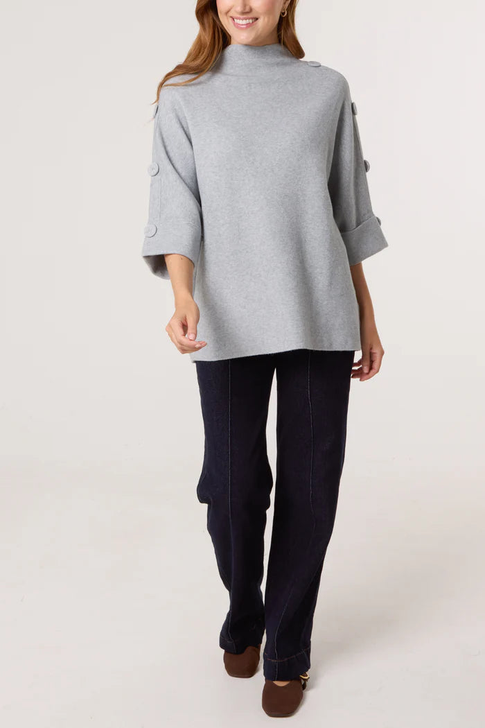 Grey High Neck Button Sleeve Jumper