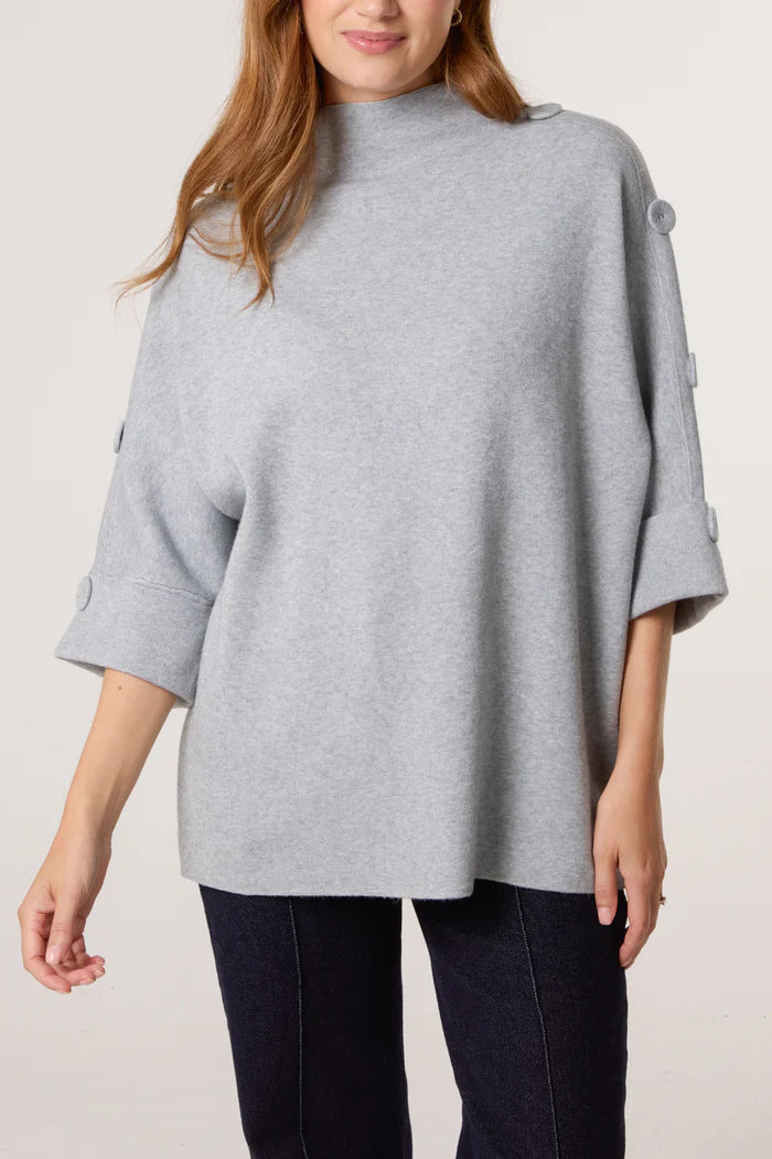 Grey High Neck Button Sleeve Jumper
