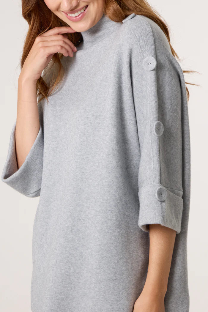 Grey High Neck Button Sleeve Jumper