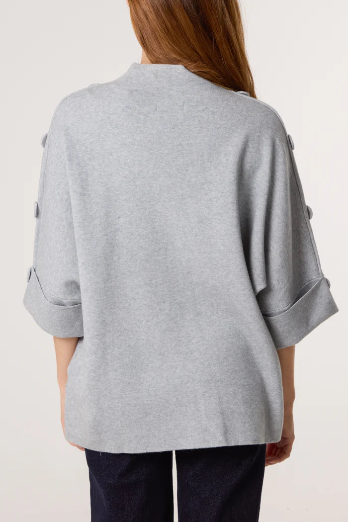 Grey High Neck Button Sleeve Jumper