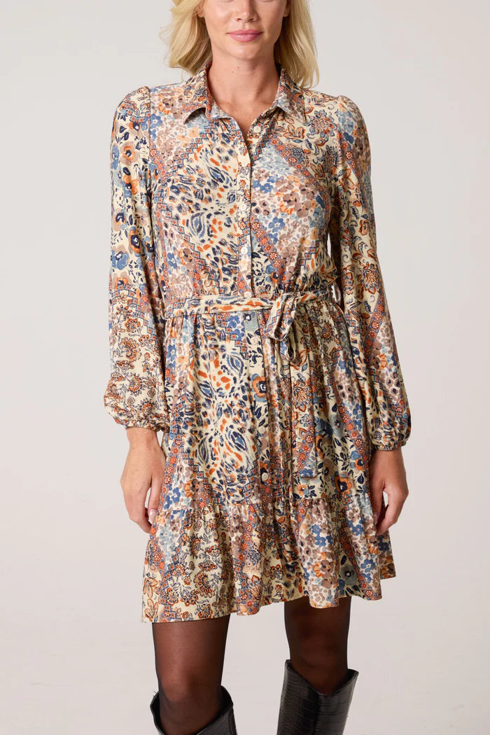 Vintage Style Western Print Mini Shirt Dress