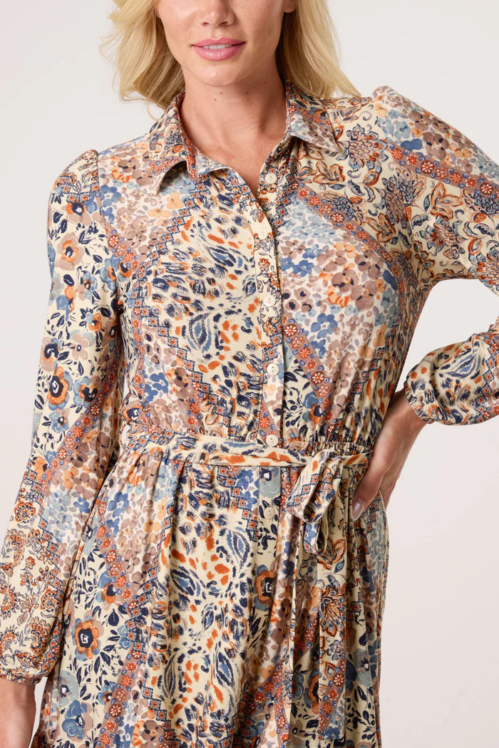 Vintage Style Western Print Mini Shirt Dress