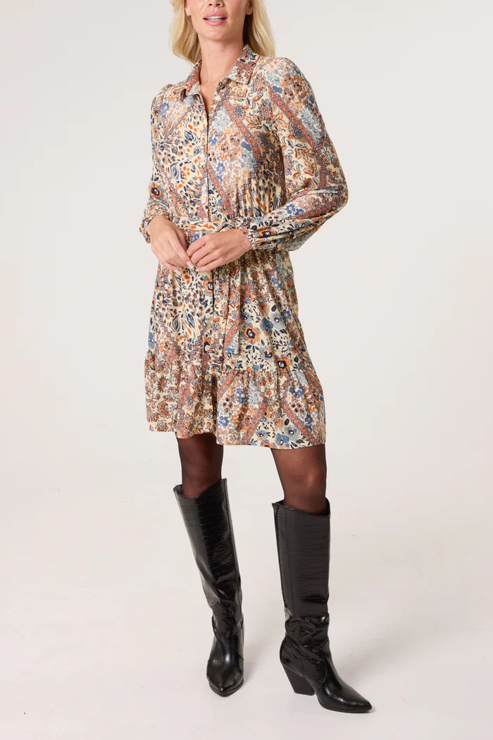 Vintage Style Western Print Mini Shirt Dress