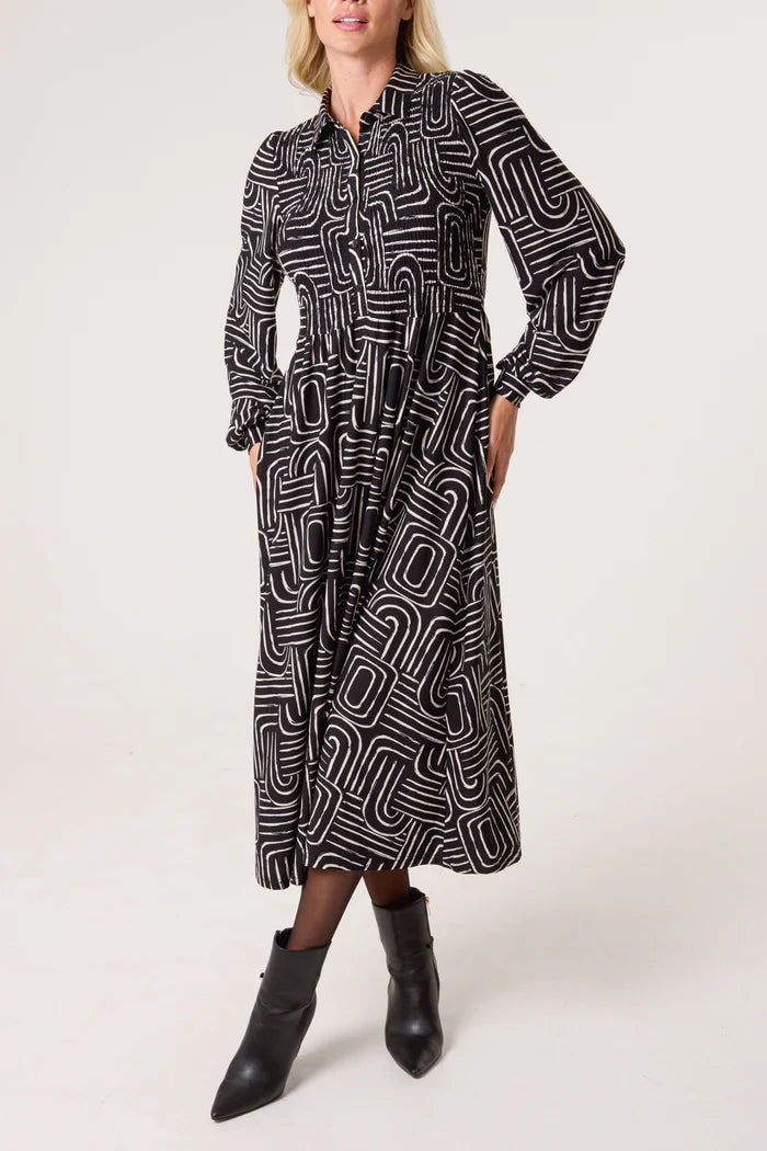 Black Geometric Shirred Shirt Midi Dress