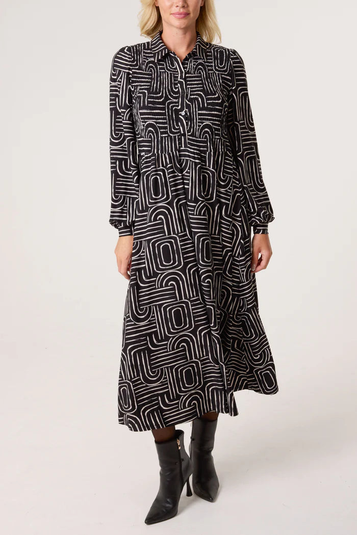 Black Geometric Shirred Shirt Midi Dress
