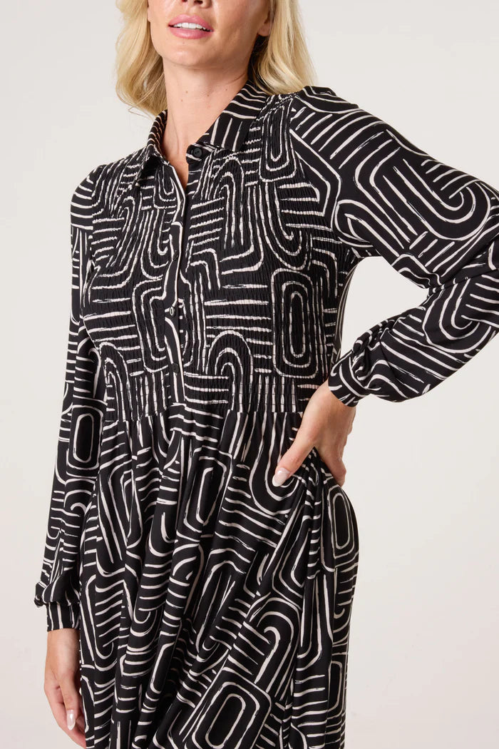 Black Geometric Shirred Shirt Midi Dress