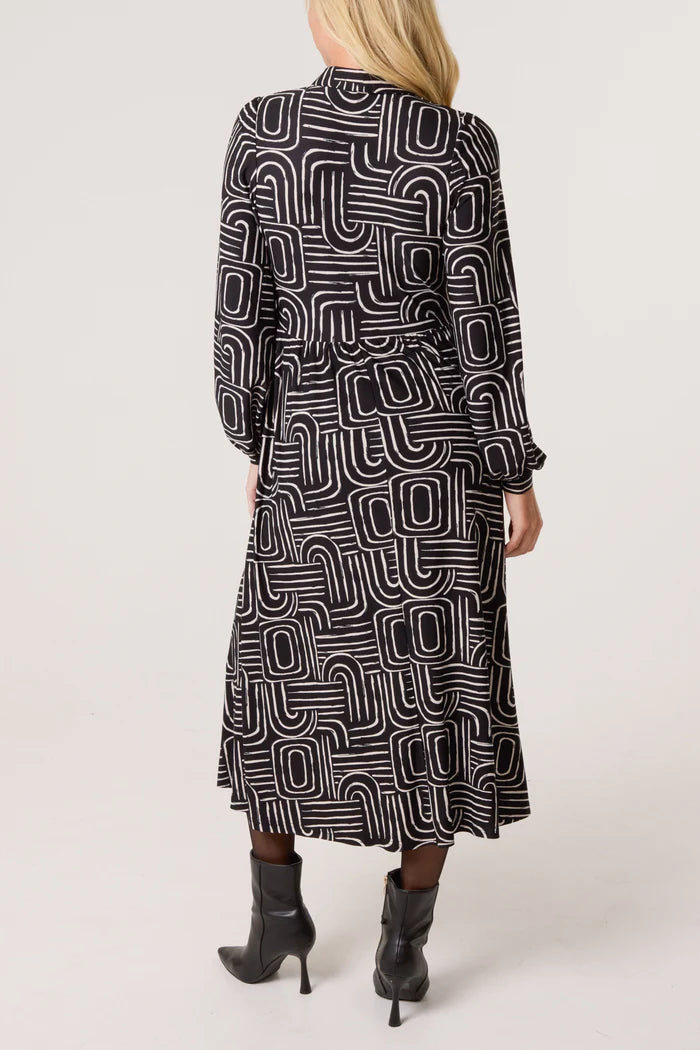 Black Geometric Shirred Shirt Midi Dress