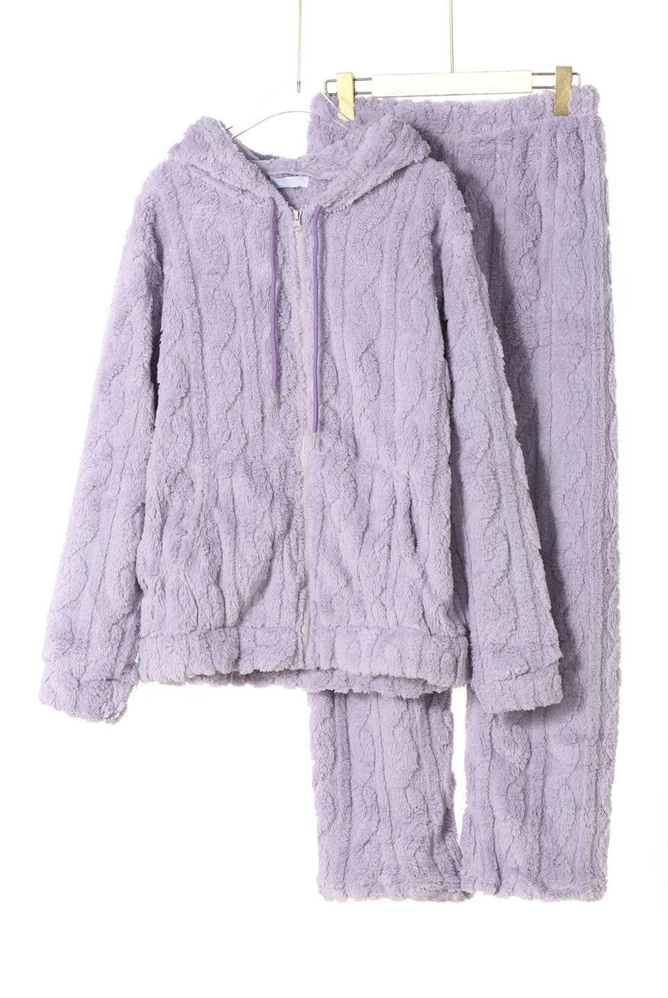Lilac Textured Teddy Zip Hoodie And Trouser Lounge Set