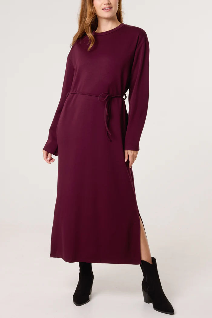 Wine Belted Midi Sweatshirt Dress