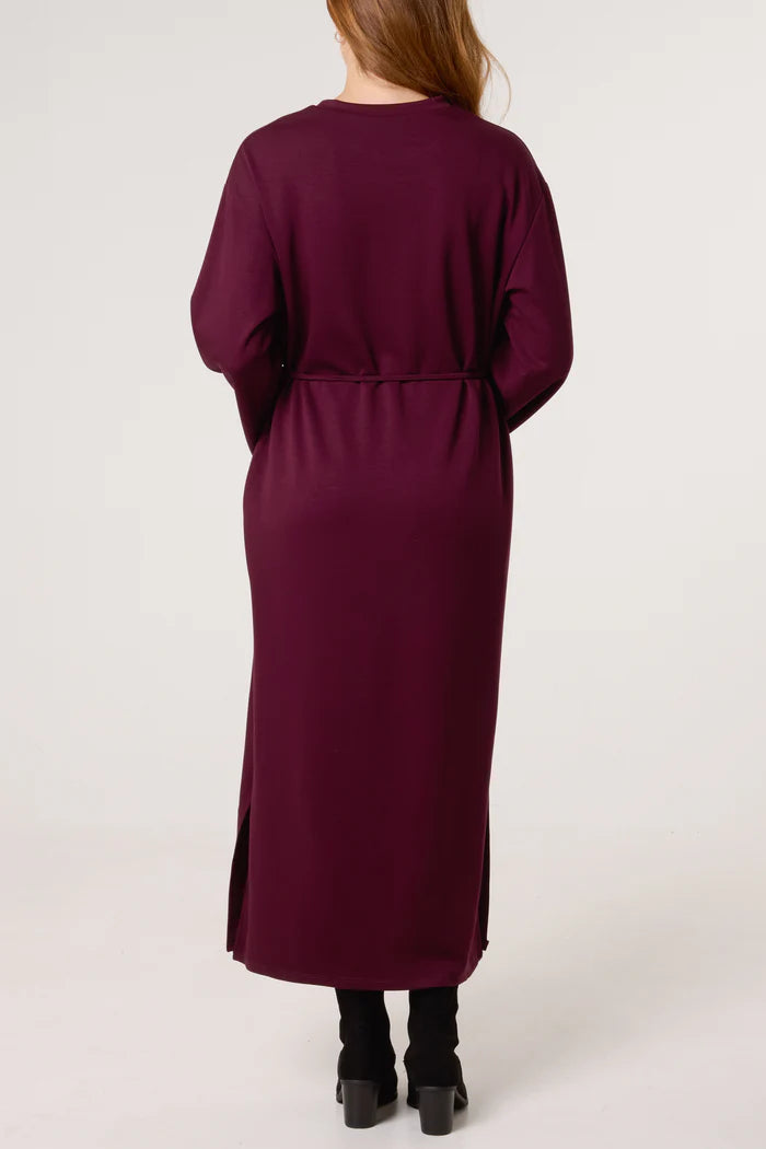 Wine Belted Midi Sweatshirt Dress