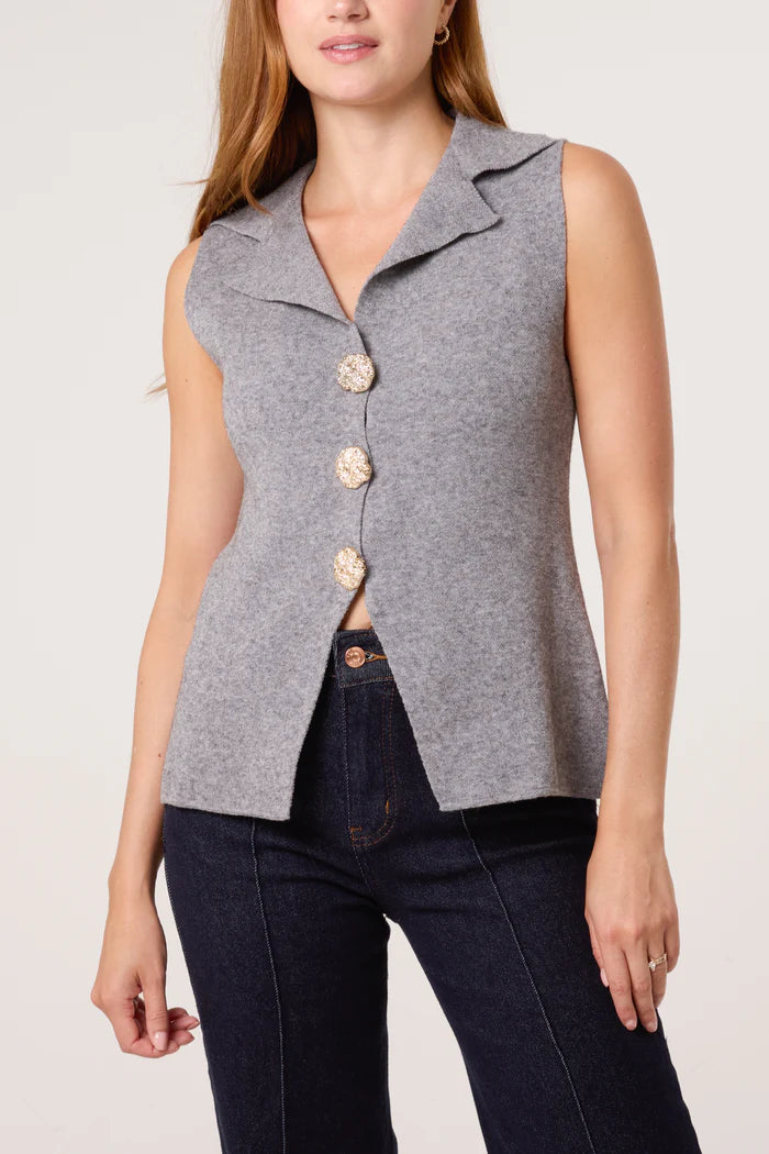 Grey Lapel Collar Gold Button Knitted Waistcoat