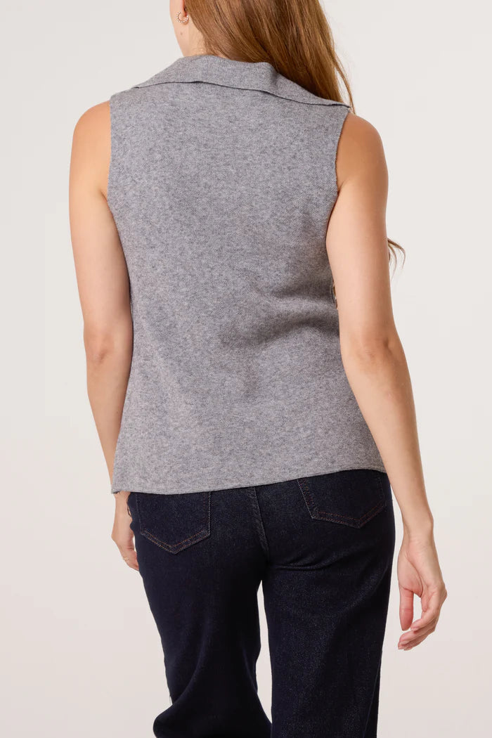 Grey Lapel Collar Gold Button Knitted Waistcoat