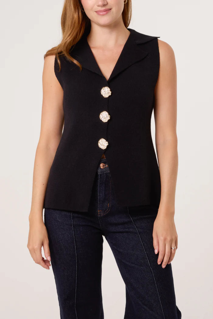 Black Lapel Collar Gold Button Knitted Waistcoat