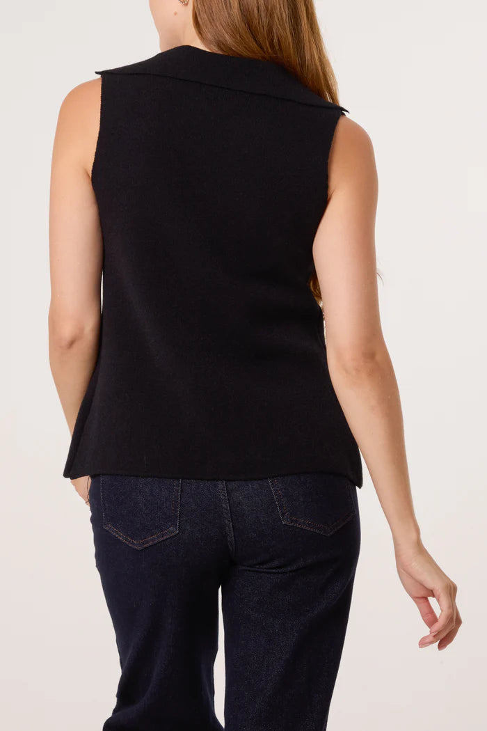 Black Lapel Collar Gold Button Knitted Waistcoat