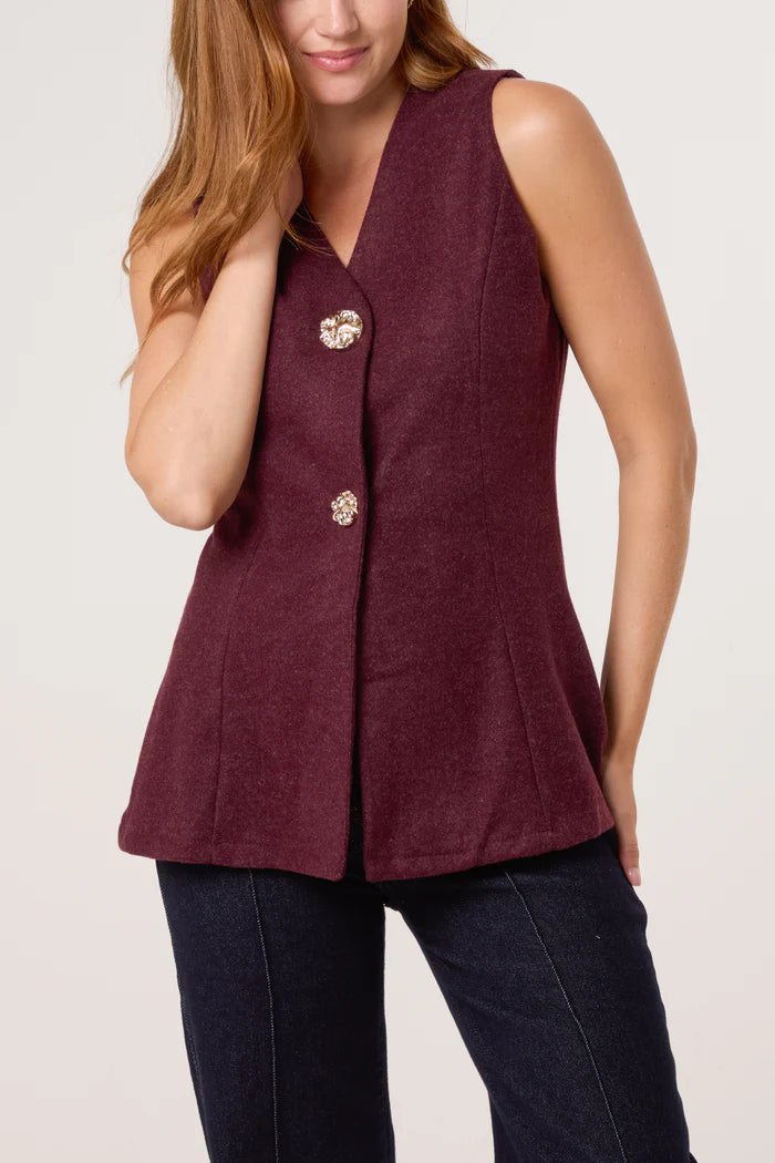 Wine Gold Button Waistcoat Top