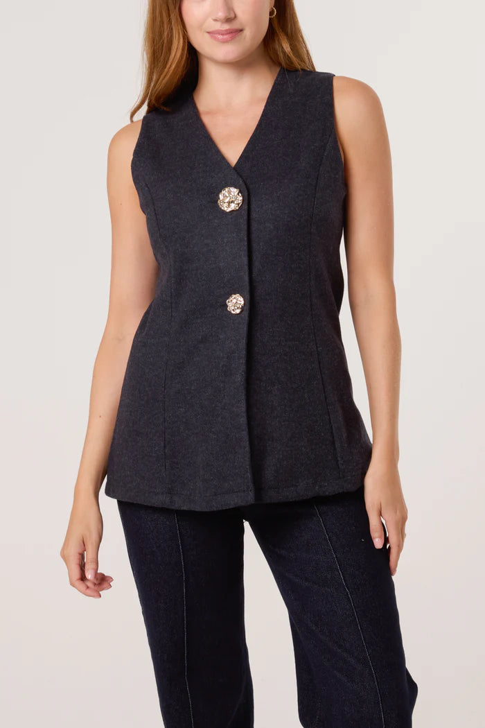 Charcoal Gold Button Waistcoat Top