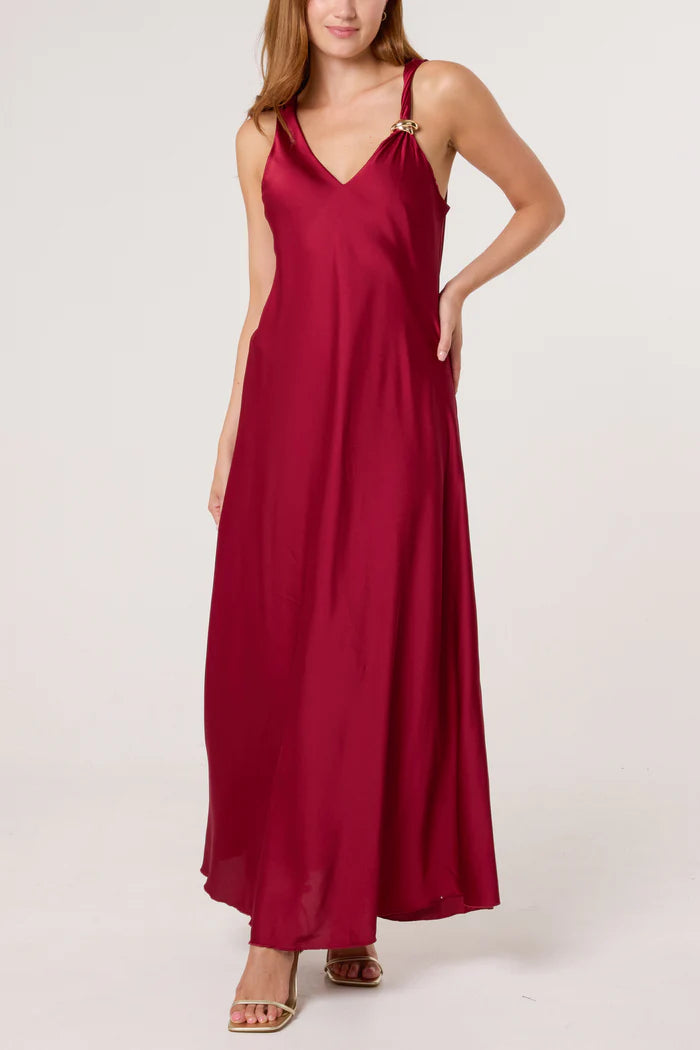 Wine Satin Slip Gold Brooch Dress