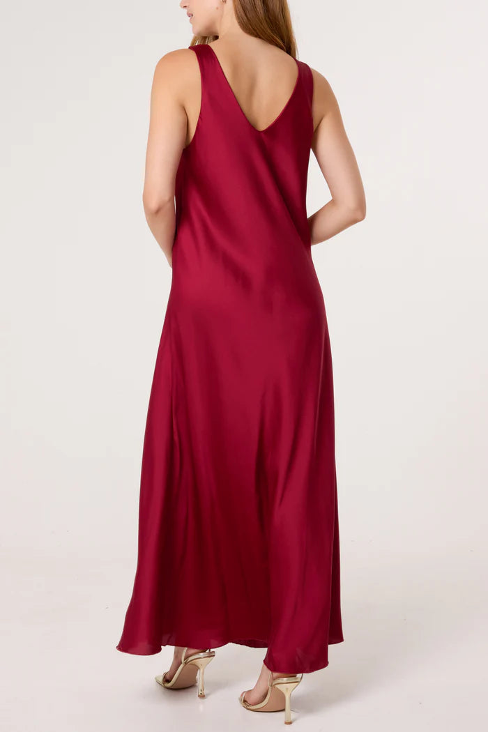 Wine Satin Slip Gold Brooch Dress