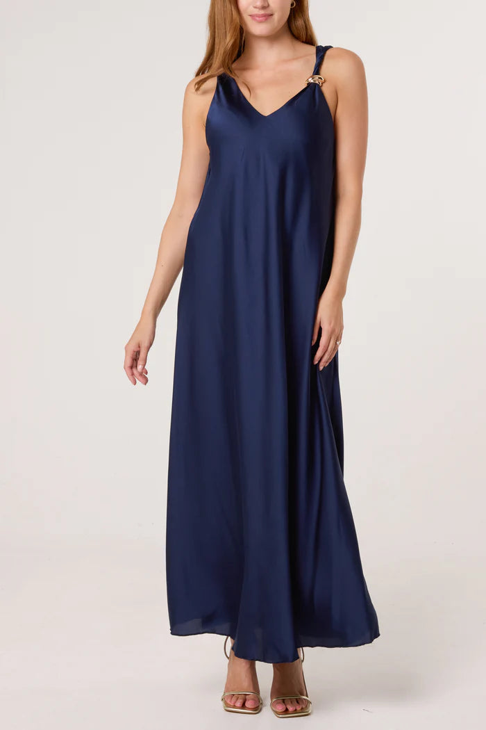 Navy Satin Slip Gold Brooch Dress