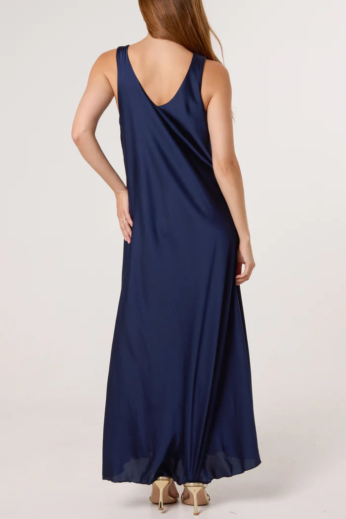 Navy Satin Slip Gold Brooch Dress