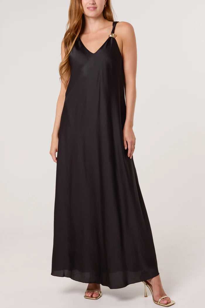 Black Gold Brooch Satin Maxi Slip Dress