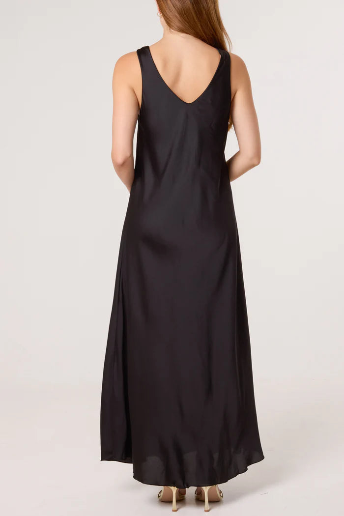 Black Gold Brooch Satin Maxi Slip Dress