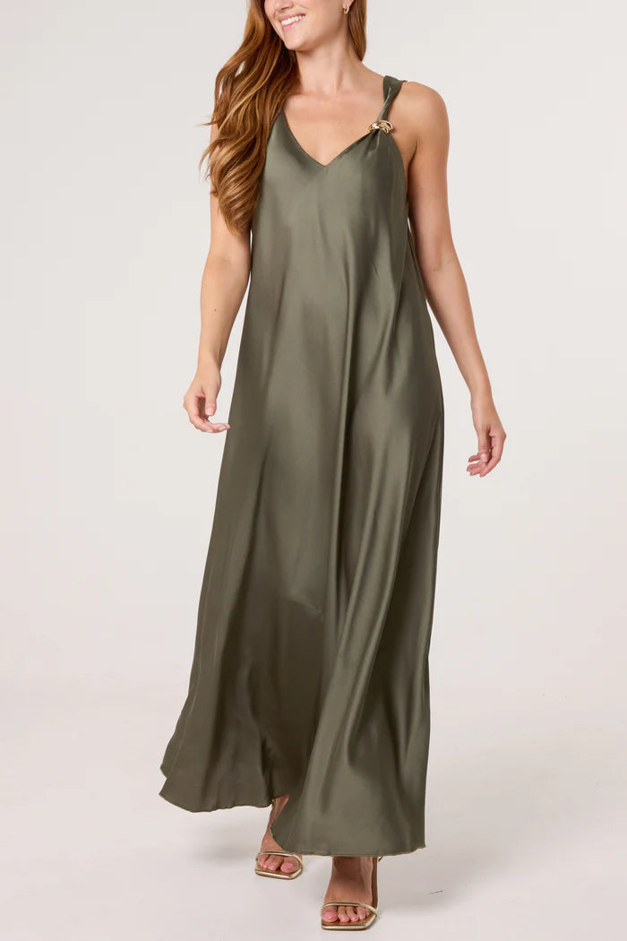 Khaki Gold Brooch Satin Maxi Slip Dress