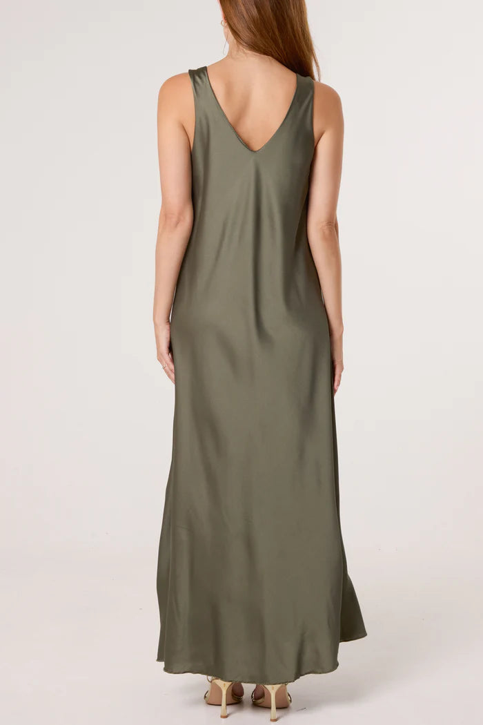 Khaki Gold Brooch Satin Maxi Slip Dress