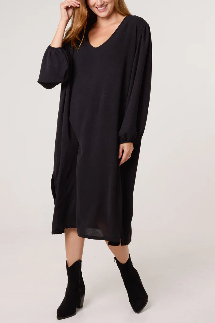 Black Puffball Sleeve Midi Dress